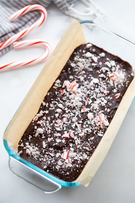 Top view of peppermint fudge in a loaf pan