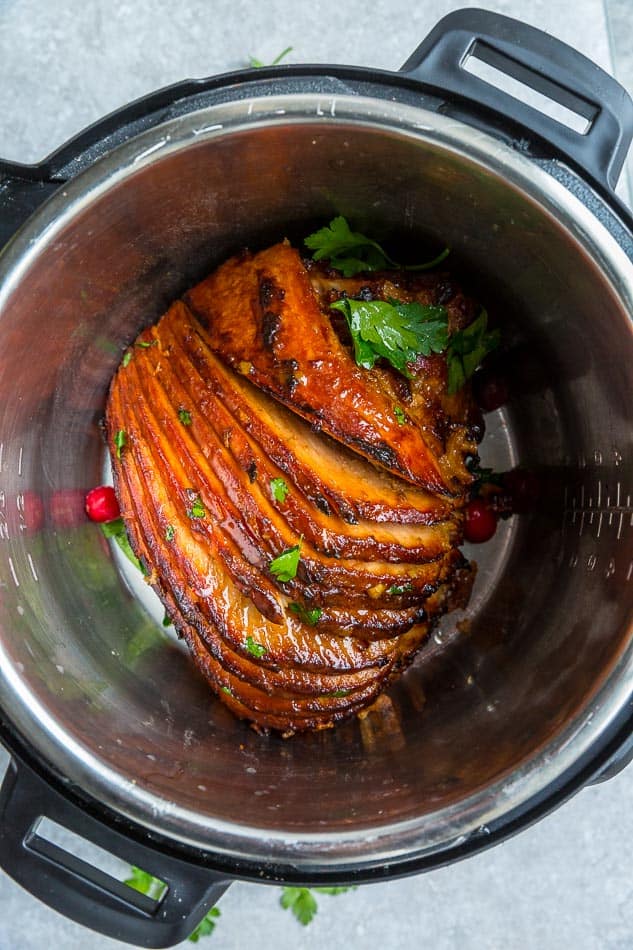 Top view of Instant Pot spiral baked ham in a pressure cooker