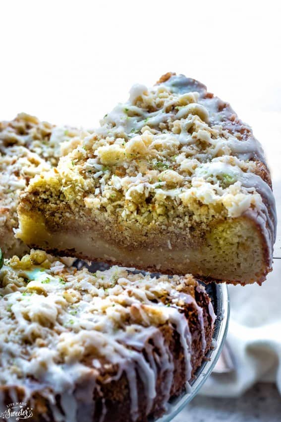 A slice being lifted out of a Key Lime Coffee Cake 