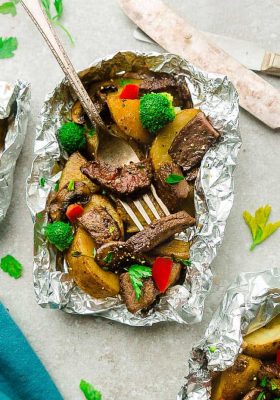 Teriyaki Beef Foil Packets - made with tender steak, broccoli, bell peppers, mushrooms and potatoes tossed in a sweet and savory Asian-inspired sauce. These bake up perfectly in the oven on a busy weeknight - or toss them on the grill for a weekend summer cookout.