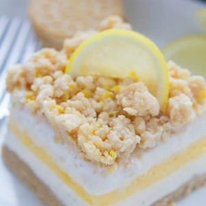 A square of layered Lemon Cream Ice Cream Pie