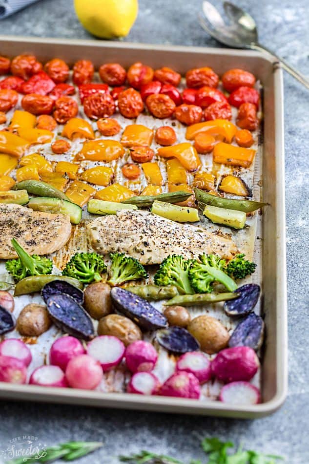Lemon Herb Chicken with Rainbow Vegetables on a sheet pan