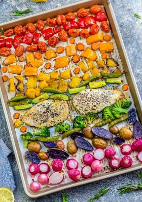 Lemon Herb Chicken with Rainbow Vegetables makes the perfect easy weeknight or Sunday meal. Best, of all, everything cooks up in just ONE sheet pan with minimal clean-up and it's perfect for Sunday meal prep! Leftovers are also great for your work lunchboxes and lunch bowls! A colorful and healthy spring or summer meal!