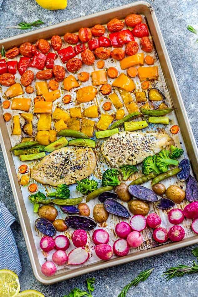 Top view of Lemon Herb Chicken with Rainbow Vegetables on a sheet pan