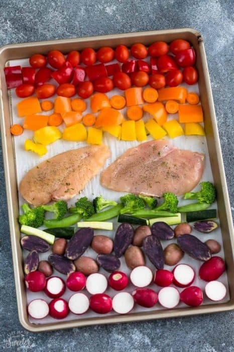 Raw Lemon Herb Chicken with Rainbow Vegetables on a sheet pan