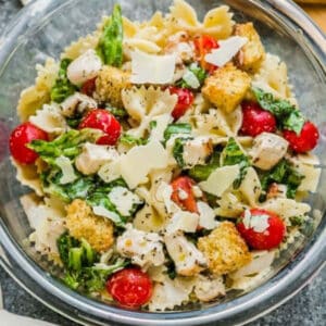 Pinterest graphic for chicken Caesar pasta salad.