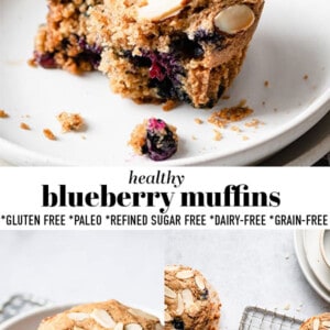 Pinterest collage of photos of healthy blueberry muffins.