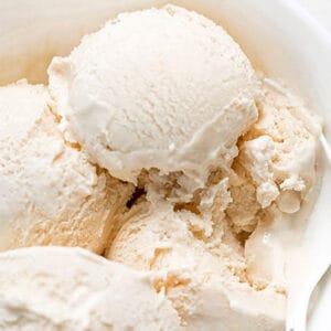 Pinterest graphic of keto ice cream in white bowl.