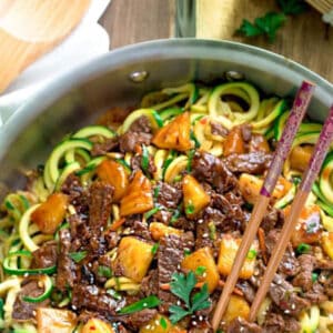 Pinterest graphic for one pan mongolian beef zoodles.