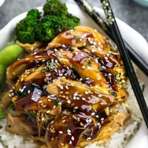 Pinterest graphic of photo of slow cooker teriyaki chicken.