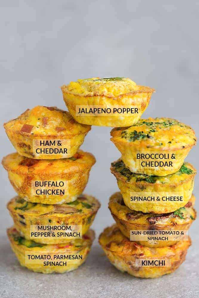 Two Flavor-Labeled Stacks of Four Breakfast Egg Muffins with a Ninth Muffin Balanced Between the Stacks