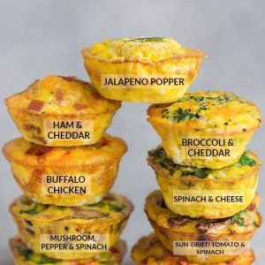9 Breakfast Egg Muffin Cups are the perfect easy make-ahead breakfast for on the go. Best of all, they are packed with protein and so convenient for busy mornings, weekend or holiday brunch! Broccoli and Cheddar Cheese, Buffalo Chicken, Ham and Cheddar Cheese, Jalapeno Popper, Kimchi, Mushroom, Pepper and Spinach, Sun-Dried Tomato and Spinach, Tomato, Basil and Parmesan