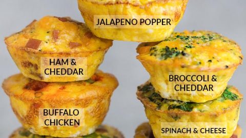 Two Flavor-Labeled Stacks of Four Breakfast Egg Muffins with a Ninth Muffin Balanced Between the Stacks