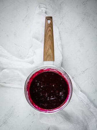 Top view of blueberry sauce for keto blueberry lemon cheesecakes