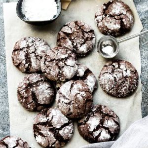 Top view of Keto Chocolate Crinkle Cookies on a baking sheet