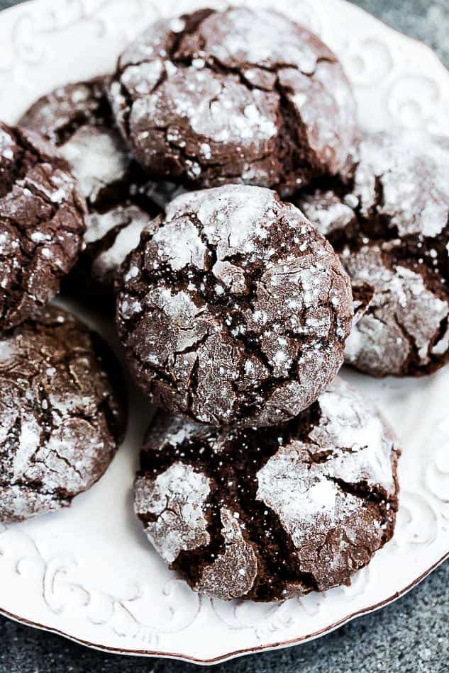 Close up of Keto Chocolate Crinkle Cookies on a plate