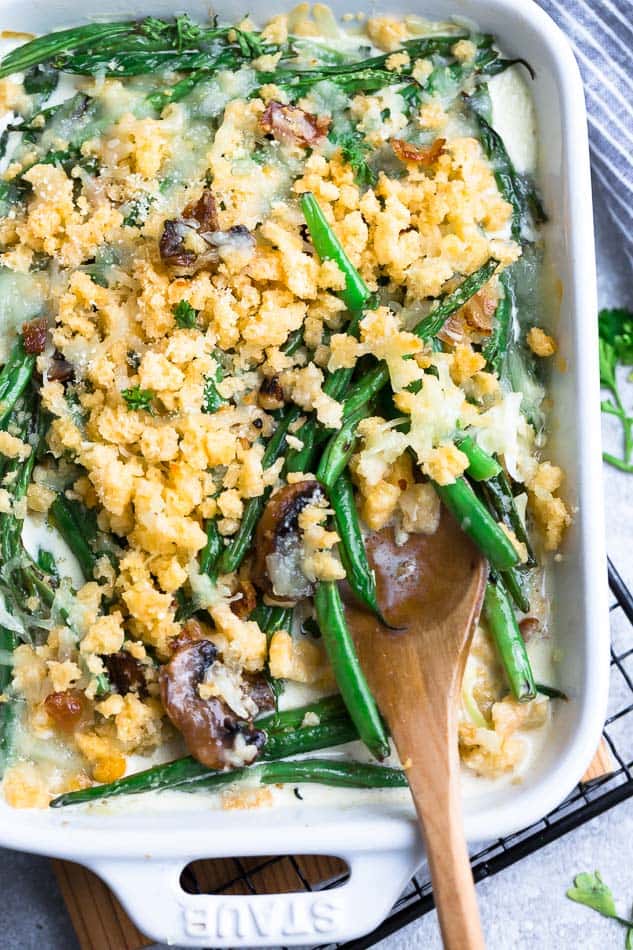 Close up view of Keto Low Carb Green Bean Casserole in a baking dish