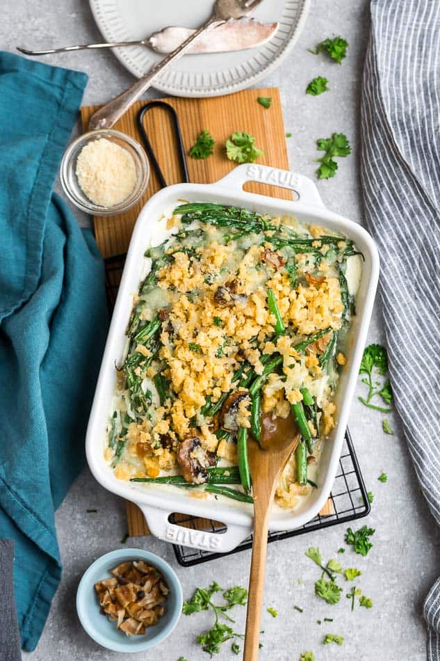 Top view of Keto Low Carb Green Bean Casserole in a baking dish