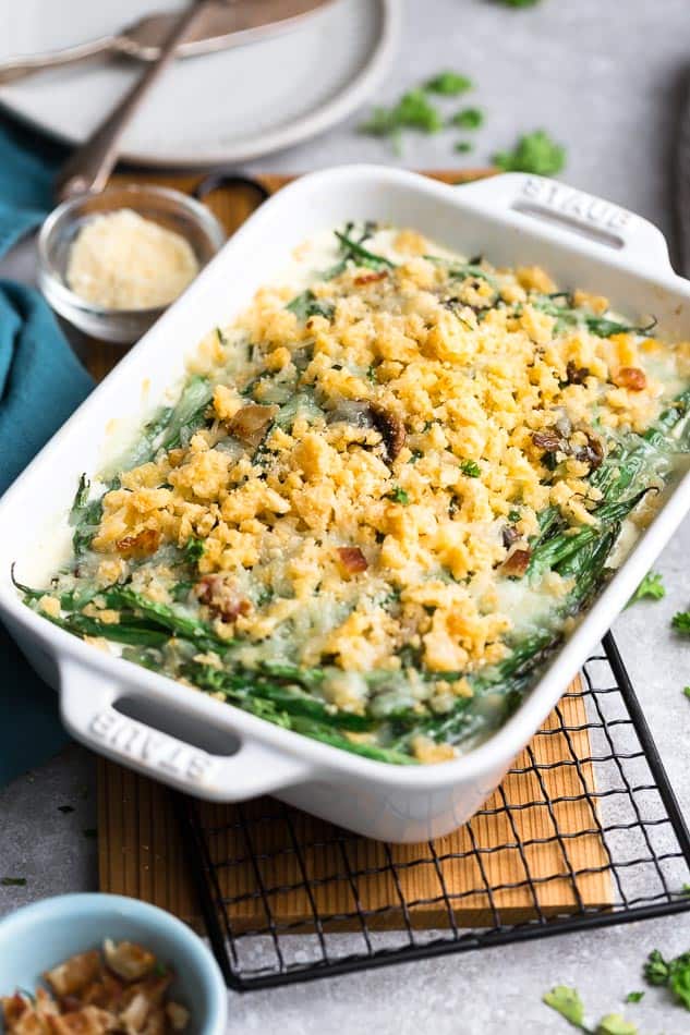 Keto Low Carb Green Bean Casserole in a baking dish