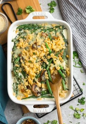 Top view of Low Carb Keto Green Bean Casserole in a baking dish
