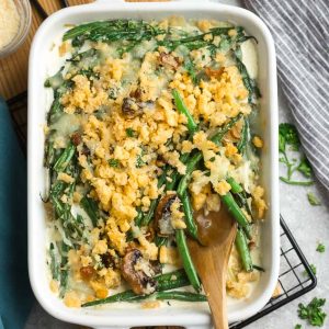 Top view of Low Carb Keto Green Bean Casserole in a baking dish