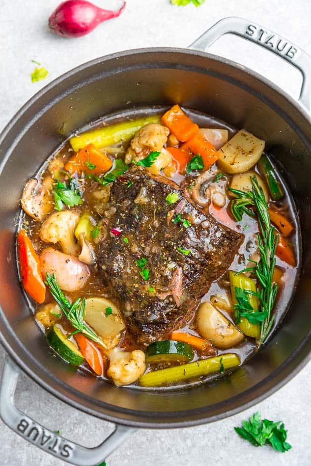 A Freshly Made Instant Pot Pot Roast in a Metal Pan