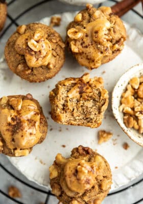 Close-up view of keto muffins on a white plate
