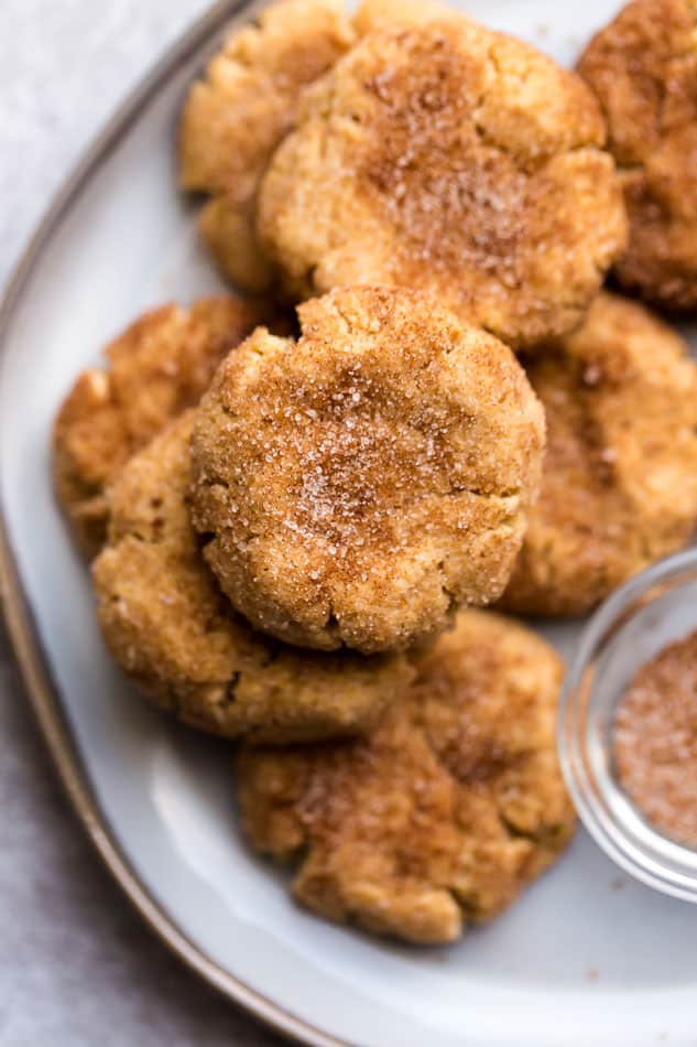 Close-up view of keto snickerdoodles on a grey plate