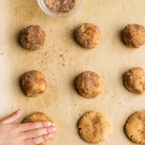 Top view of unbaked low carb snickerdoodle cookie doughballs with cinnamon sugar bowl on parchment paper on a baking sheet
