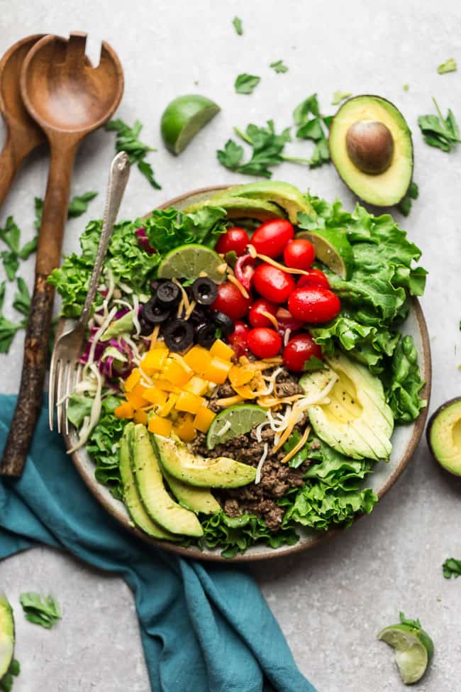 low carb ground turkey taco salad beautifully arranged in a salad bowl