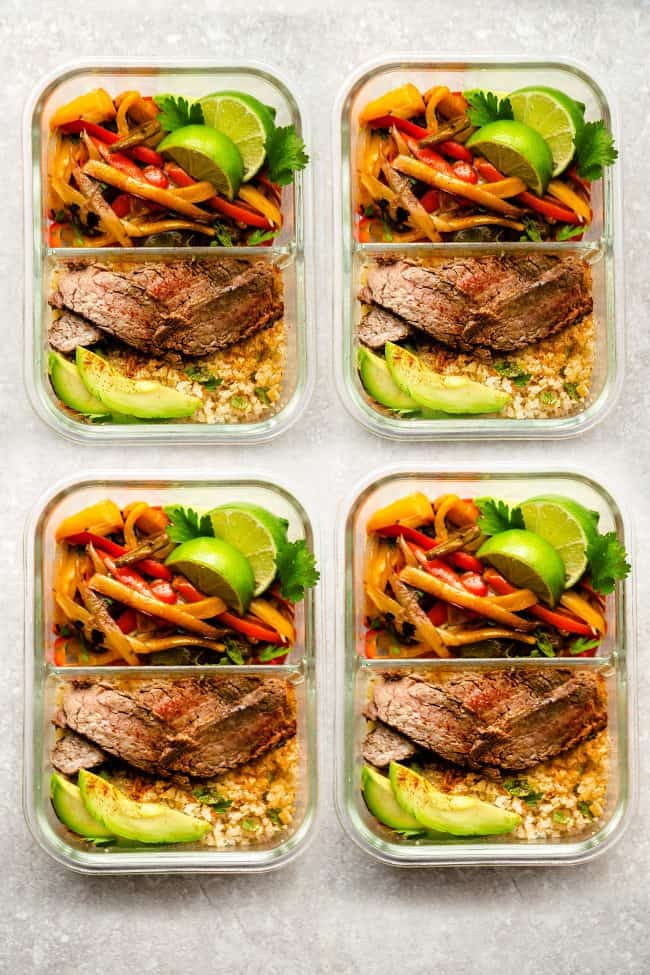 Easy Meal Prep Steak Fajitas are tender, juicy and full of flavor! Best of all, they come together super quick and are perfect for busy weeknights. Marinated in a homemade fajita spice blend and cilantro a delicious Tex-Mex cilantro lime marinade. Low carb and keto friendly serving options and great for meal prepping on Sunday for work or school lunchboxes or lunch bowls.