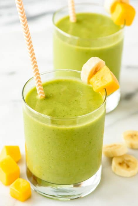 Two glasses of Mango Green Smoothie