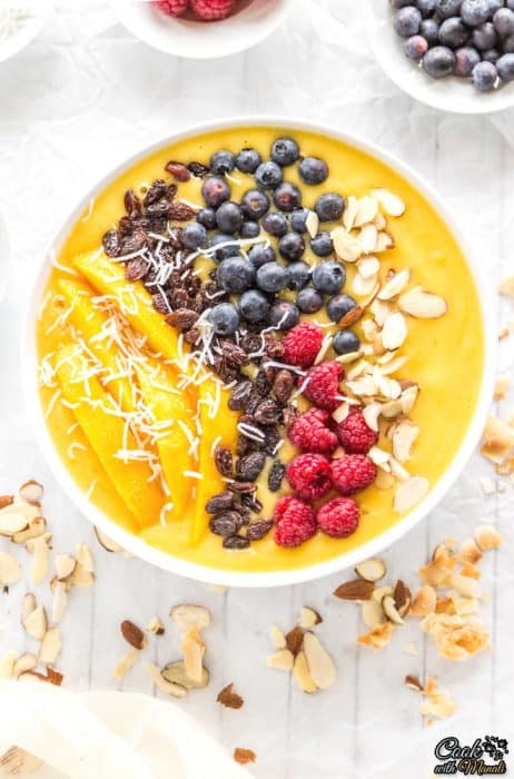 Overhead view of a  Mango Smoothie Bowl