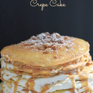 Maple Pecan Crepe Cake topped with praline