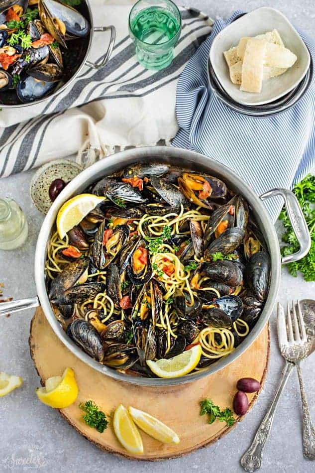 Steamed Mediterranean PEI Mussels with pasta in a skillet