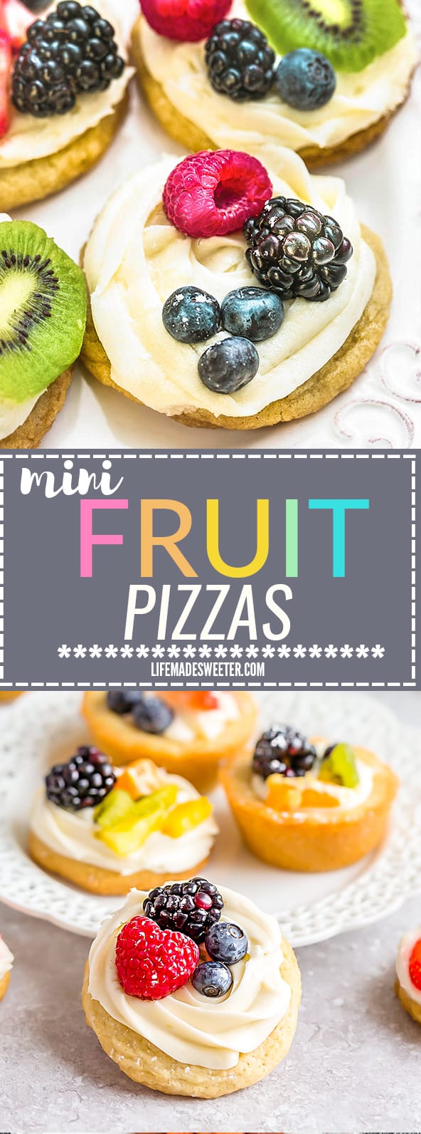 Mini Fruit Pizza - a classic dessert made using homemade soft sugar cookies topped with fresh fruit. Perfect for spring or summer barbecues, potlucks, showers, and parties. Best of all, no dough chilling required and easy to customize! Use a mix of fresh strawberries, blueberries, blackberries, raspberries, kiwi, mandarin oranges or pineapples! 