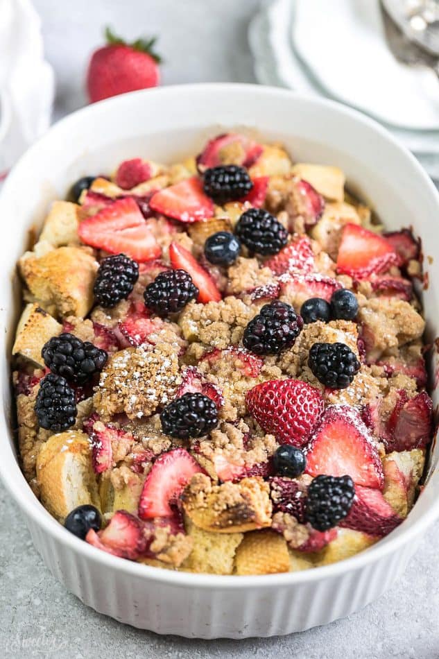 Overnight Mixed Berry Cream Cheese French Toast Bake Casserole Bake makes the perfect, easy and delicious breakfast, brunch or dessert. A great recipe to add to Mother's Day, Easter, Fourth of July or any special weekend occasion.