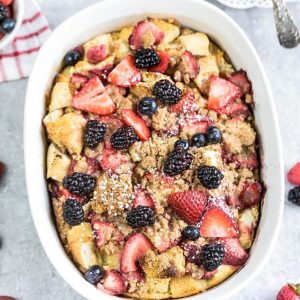 Overnight Mixed Berry Cream Cheese French Toast Bake Casserole Bake makes the perfect, easy and delicious breakfast, brunch or dessert. A great recipe to add to Mother's Day, Easter, Fourth of July or any special weekend occasion.