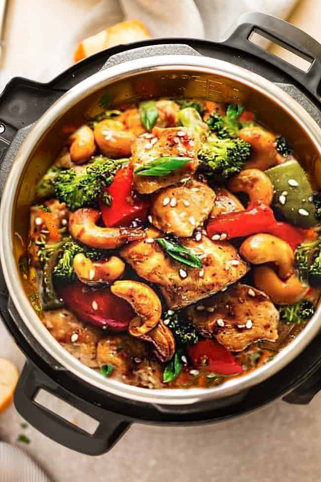 Instant Pot Cashew Chicken top view in the pressure cooker