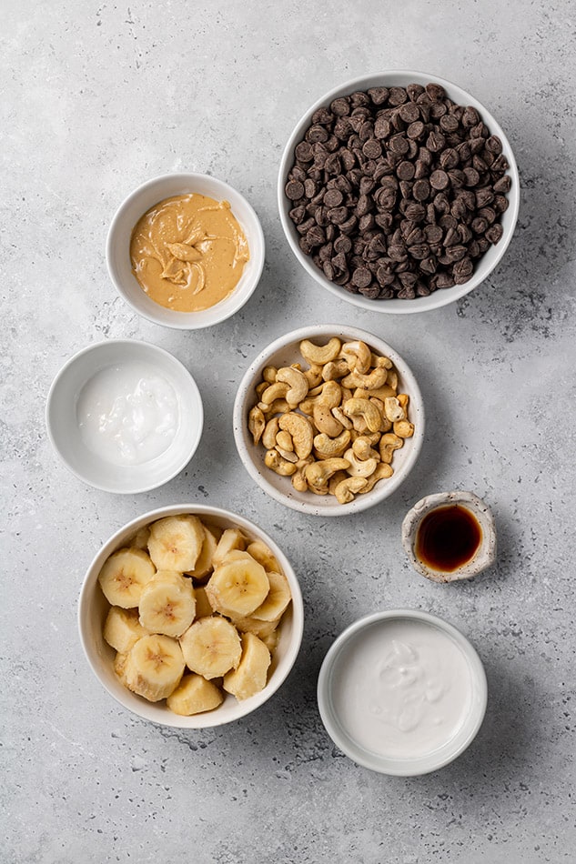Overhead view of ingredients for Paleo Ice Cream Bars in individual bowls