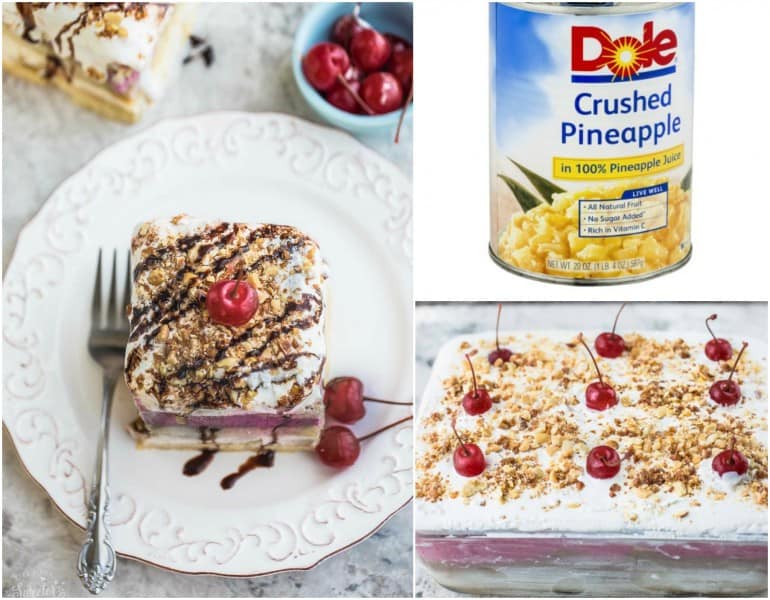 Collage of No Bake Banana Split Tiramisu Cake