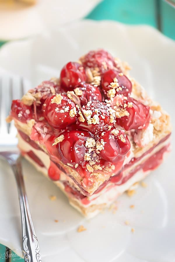 No Bake Cherry Cheesecake Icebox Cake is the perfect easy make ahead dessert! Best of all, it's made with just 5 ingredients and amazing for barbecues, potlucks and holiday parties!