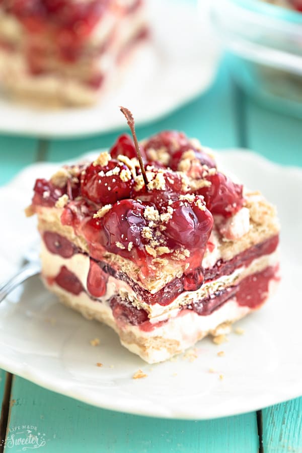 No Bake Cherry Cheesecake Icebox Cake is the perfect easy make ahead dessert! Best of all, it's made with just 5 ingredients and amazing for barbecues, potlucks and holiday parties!