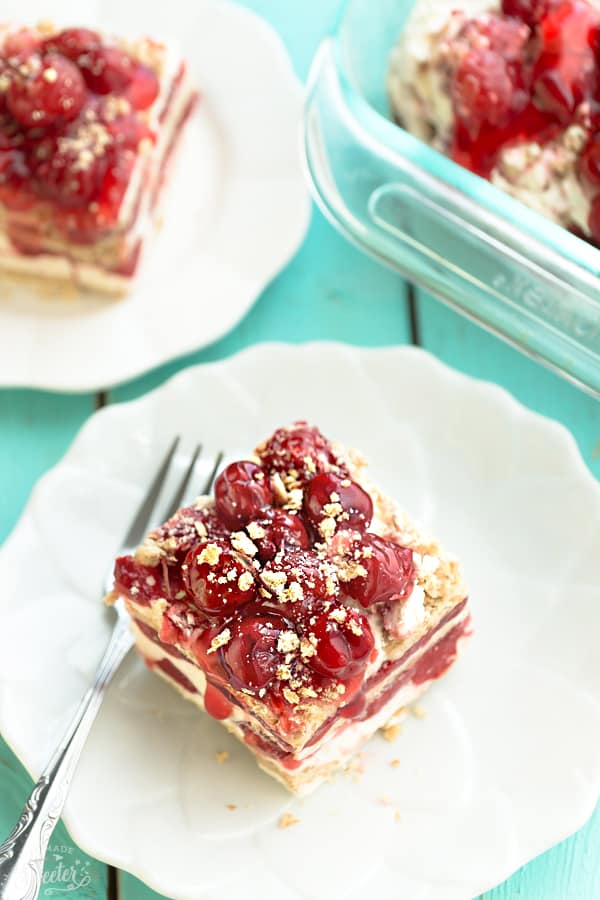 No Bake Cherry Cheesecake Icebox Cake is the perfect easy make ahead dessert! Best of all, it's made with just 5 ingredients and amazing for barbecues, potlucks and holiday parties!