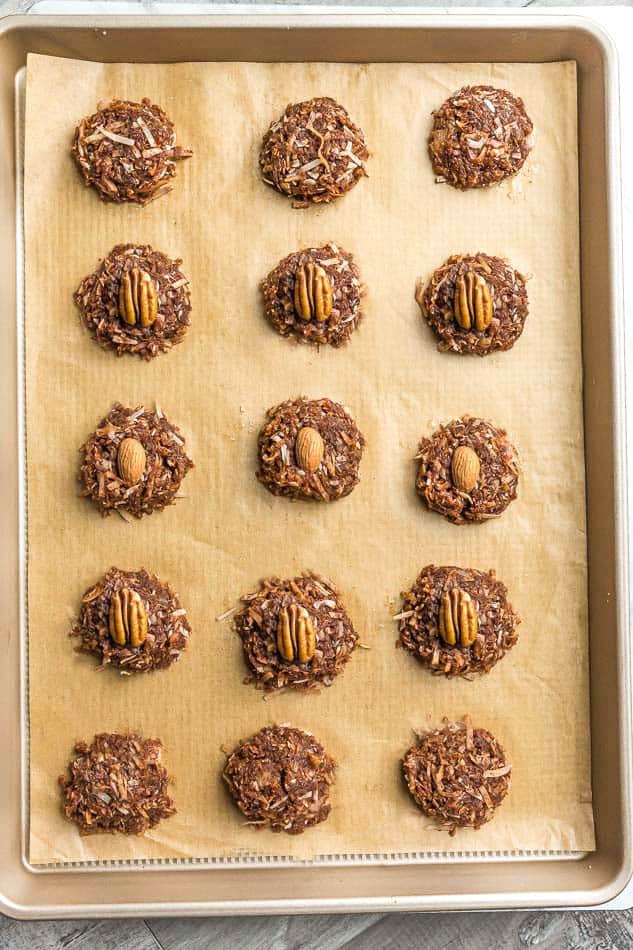 Keto no bake cookies on baking sheet