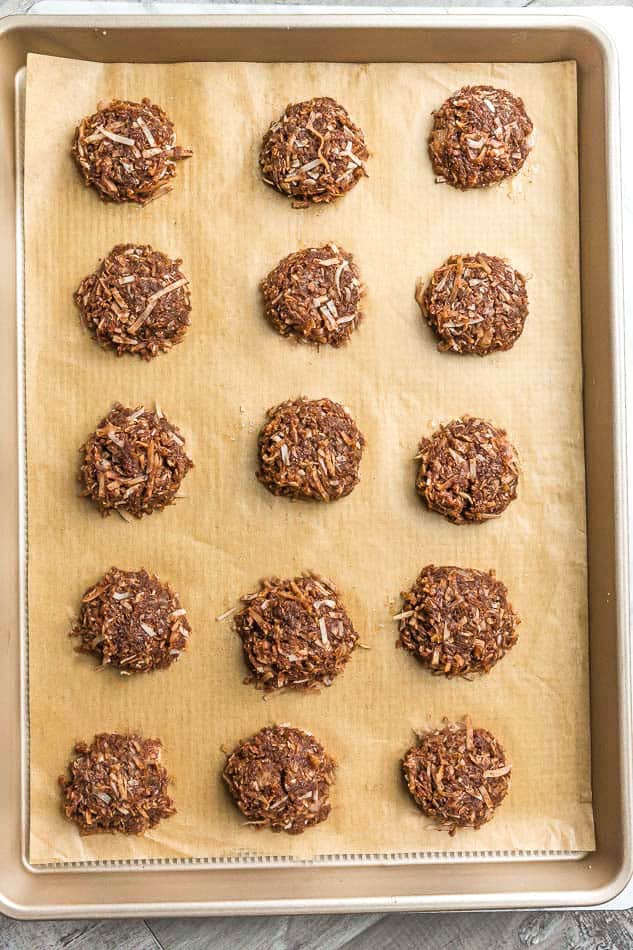 Top view of 15 keto no bake cookies on baking sheet.