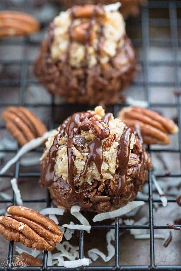 No Bake German Chocolate Cake Cookies make the perfect easy gluten free, paleo and dairy free treat. You will never guess it's healthier since it has all the classic flavors of the popular rich and decadent cake. Loaded with healthy chocolatey oats, a creamy coconut pecan frosting and best of all, no oven required!