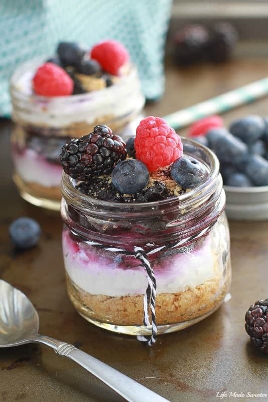 The easiest summer dessert made lighter with low-fat Greek yogurt along with delicious layers of graham cracker crumbs and a homemade blueberry sauce. It's the perfect sweet summer treat! 