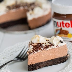 A slice of No-Bake Nutella Cheesecake Pie on a plate