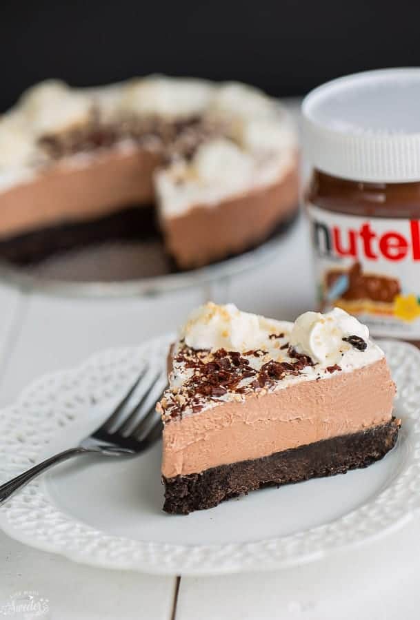 Close-up of a slice of No Bake Nutella Cheesecake Pie on a plate